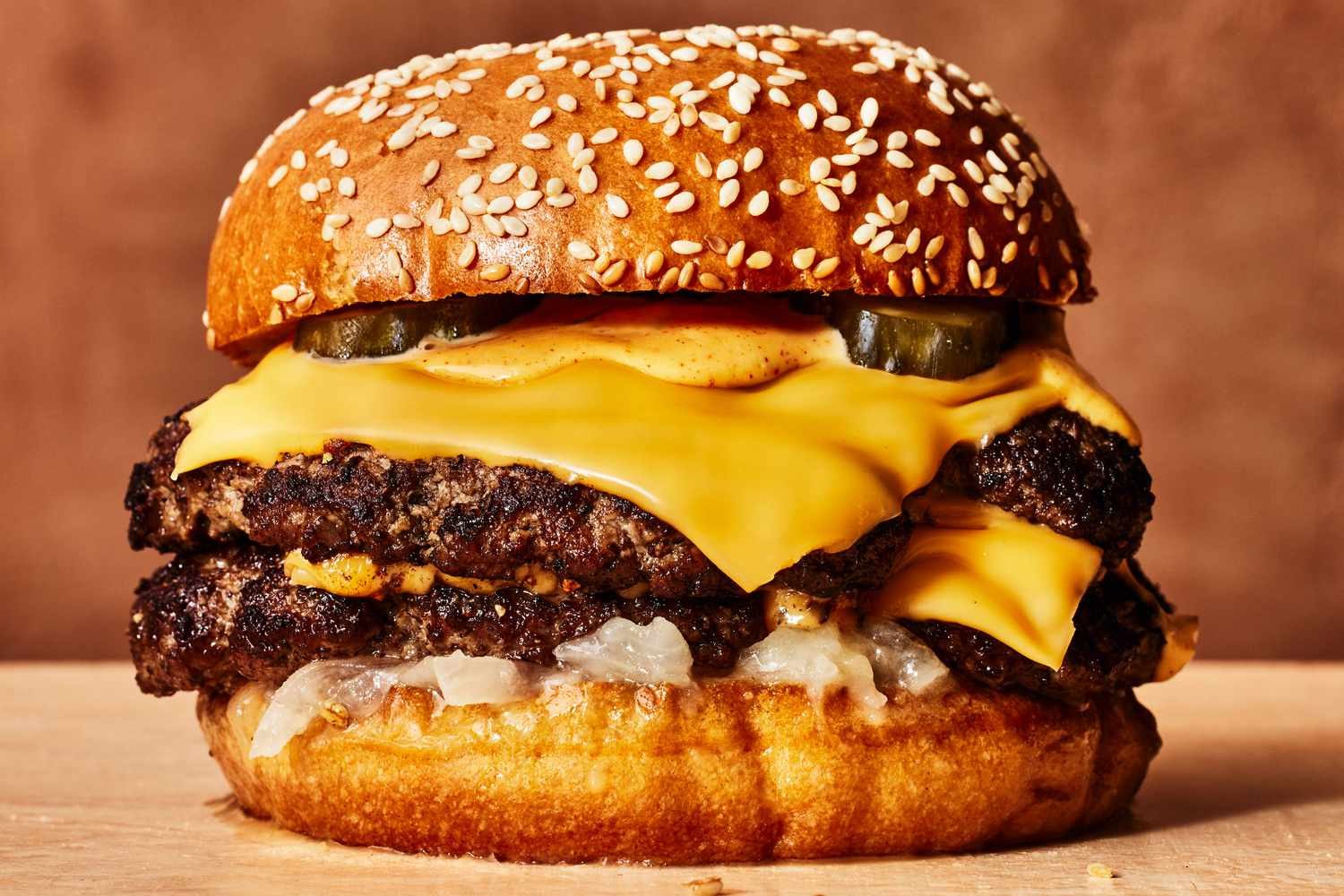 Double cheeseburger on a sesame seed bun